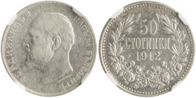 BULGARIA: 50 Stotinki (1912) in silver (0,835). Head of Ferdinand I facing left on obverse. Denomination above date within wreath on reverse. Inside s...