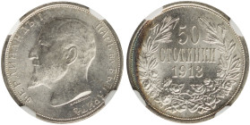 BULGARIA: 50 Stotinki (1913) in silver (0,835). Head of Ferdinand I facing left on face. Denomination above date within wreath on reverse. Inside slab...