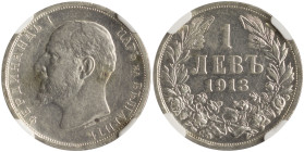 BULGARIA: 1 Lev (1913) in silver (0,835). Head of Ferdinand I facing left on obverse. Denomination above date within wreath on reverse. Inside slab by...