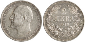BULGARIA: 2 Leva (1913) in silver (0,835). Head of Ferdinand I facing left on obverse. Denomination above date within wreath on reverse. Surface hairl...