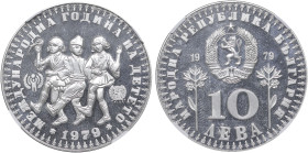 BULGARIA: 10 Leva (1979) in silver (0,925). Coat of arms divide date above denomination on obverse. Children divide symbols, date below on reverse. In...