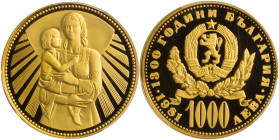 BULGARIA: 1000 Leva (1981) in gold (0,900), commemorating the 1300th Anniversary on Nationhood. National coat of arms above denomination and date on o...