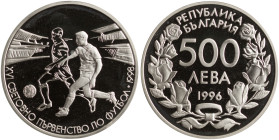 BULGARIA: 500 Leva (1996) in silver (0,925) commemorating soccer. Denomination above date within wreath on obverse. Two soccer players on reverse. (KM...