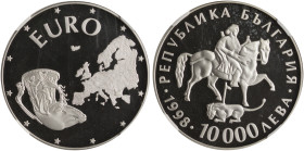 BULGARIA: 10000 Leva (1998) in silver (0,925) commemorating the United Europe. Rider of Madara over dead lion on obverse. Ancient cup and map on rever...
