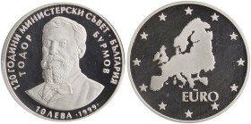 BULGARIA: 10 Leva (1999) in silver (0,925). Bust of Theodor Burmov facing 3/4 left, denomination and date below on obverse. "EURO" map in circle of st...