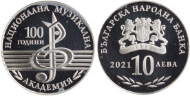 BULGARIA: 10 Leva (2021) in silver (0,999) commemorating the 100 Years of National Academy of music. The BNB logo, year, value and underneath wreath o...
