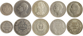 BULGARIA: Lot of 5 coins in silver composed of 2 Leva (1882), 5 Leva (1894 KB), 100 Leva (1930 BP), 100 Leva (1937) & 5 Leva (1971) (Proof Like). (KM ...