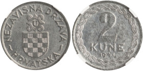 CROATIA: 2 Kune (1941) in zinc. The old Croatian coat of arms with letter "U" above on obverse. Denomination and date on reverse. Inside slab by NGC "...