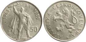CZECHOSLOVAKIA: 50 Korun (1955) in silver (0,500) commemorating the 10th Anniversary of Liberation from Germany. Czech lion with Slovak shield on obve...