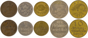 DANZIG: Lot of 5 coins composed of 5 Pfennig (1923), 10 Pfennig (1923), 5 Pfennig (1932), 10 Pfennig (1932) & 2 Pfennig (1937). (KM 141+142+143+151+15...