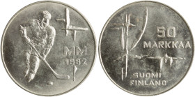 FINLAND: 50 Markkaa (1982 K-T) in silver (0,500) commemorating the World Ice Hockey Championship Games. Denomination on obverse. Hockey player and dat...