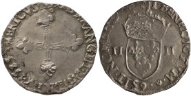 FRANCE: 1/4 Ecu (1585 9) in silver (0,917). Fleurdelysee cross on obverse. Crowned shield of France on reverse. Mint: Rennes. (Dy# 1133). About Fine &...