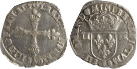 FRANCE: 1/4 Ecu (1589 F) in silver (0,917). Fleurdelysee cross on obverse. Crowned shield of France on reverse. Mint: Rennes. (Dy# 1133). Fine.