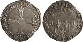 FRANCE: 1/4 Ecu (1605 T) in silver. Cross with lis on obverse. Crowned coat of arms of France on reverse. Like KM# 30 but from Nantes Mint. (KM Unlist...