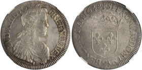 FRANCE: 1 Ecu [1648 (9)] in silver. Bust of Louis XIV with long curl facing right on obverse. Crowned shield of France on reverse. Mint: Rennes. Insid...