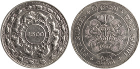 CEYLON: 5 Rupees (1957) in silver (0,925) commemorating the 2500 years of Buddhism. Flowers and date at center on obverse. "2500" within inner circle ...