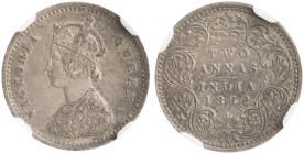INDIA / BRITISH: 2 Annas (1862 B) in silver (0,917). Crowned bust of Qeen Victoria afcing left on obverse. Value and dae within wreath on reverse. Ins...