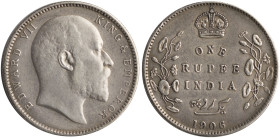 INDIA: 1 Rupee (1906) in silver (0,917). Head of Edward VII facing right on obverse. Crown above denomination, spays flank on reverse. Calcutta Mint i...