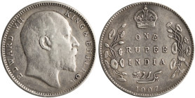 INDIA: 1 Rupee (1907 B) in silver (0,917). Head of Edward VII facing right on obverse. Crown above denomination, spays flank on reverse. Mumbai (Bomba...
