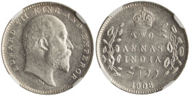 INDIA / BRITISH: 2 Annas (1908 C) in silver (0,917). Head of King Edward VII facing right on obverse. Crown above denomination and sprays flank on rev...