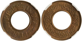 INDIA / BRITISH: 1 Pice (1944 B) in bronze. Center hole, large date and large legends on obverse. Wreath surrounds center hole on reverse. Inside slab...