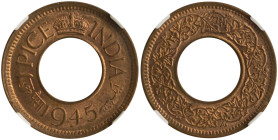 INDIA / BRITISH: 1 Pice (1945 B) in bronze. Center hole, large date and large legends on obverse. Wreath surrounds center hole on reverse. Inside slab...