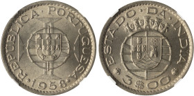 INDIA / PORTUGUESE: 3 Escudos (1958) in copper-nickel. Shield on lined circle at center of Maltese Cross on obverse. Tiny towers and shields above div...