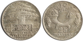 LEBANON: 25 Piastres (1936) in silver (0,680). Cedar tree on rectangular box on obverse. Crossed cornucopia above value on reverse. (KM 7). Extra Fine...