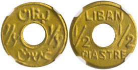 LEBANON: 1/2 Piastre (ND 1941) in brass. Hole in center flanked by English value on obverse. Hole in center flanked by value on reverse. Inside slab b...