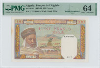 ALGERIA: 100 Francs (20.6.1945) in multicolor. Algerian with turban at left on face. S/N: "L.2218 002" (Serial number 2). WMK: Bank Title. Inside hold...