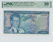 BELGIAN CONGO: 1000 Francs (1.9.1959) in deep blue on multicolor unpt. Portrait of King Baudouin at left and aerial view of Leopoldville at bottom cen...