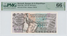 BURUNDI: 50 Francs (1.7.1977) in brown on multicolor unpt. Drummer at left center on face. S/N: "AC177722". Printed by TDLR. Inside holder by PMG "Gem...