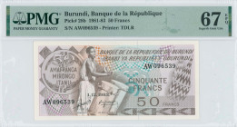 BURUNDI: 50 Francs (1.12.1983) in brown on multicolor unpt. Drummer at left center on face. S/N: "AW096539". Printed by TDLR. Inside holder by PMG "Su...
