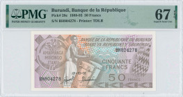 BURUNDI: 50 Francs (1.10.1991) in brown on multicolor unpt. Drummer at left center on face. S/N: "BH804278". Printed by TDLR. Inside holder by PMG "Su...