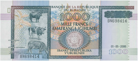 BURUNDI: 1000 Francs (1.5.2006) in greenish black and brown-violet on multicolor unpt. Cattle at left, coat of arms at lower center on face. S/N: "BN6...