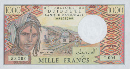 DJIBOUTI: 1000 Francs (1988) in brown and multicolor. Woman at left, people by diesel passenger trains at center on face. S/N: "T.004 53200". (Pick 37...