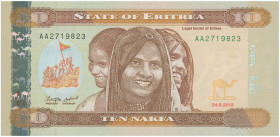 ERITREA: 10 Nafka (24.5.2012) in dark brown, orange and green. Three young women at center on face. S/N: "AA2719823". WMK: Camel head.. (Pick 11) & (S...