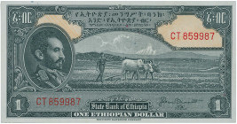 ETHIOPIA: 1 Dollar (ND 1945) in black on orange unpt. Emperor Haile Selassie at left, farmer plowing with oxen at center on face. S/N: "CT 859987". Pr...