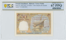 FRENCH SOMALILAND: 50 Francs (ND 1952) in light brown and multicolor. Boat anchored at right on face. S/N: "Y.91 831". WMK: Woman head. Inside holder ...