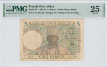 FRENCH WEST AFRICA: 5 Francs (12.3.1936) in brown, green and multicolor. Man at center on face. S/N: "X.1538 243". WMK: Man head. Inside holder by PMG...