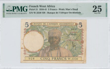 FRENCH WEST AFRICA: 5 Francs (12.8.1937) in brown, green and multicolor. Man at center on face. S/N: "W.3220 928". WMK: Man head. Inside holder by PMG...