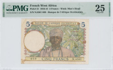 FRENCH WEST AFRICA: 5 Francs (27.4.1939) in brown, green and multicolor. Man at center on face. S/N: "N.6561 668". WMK: Man head. Inside holder by PMG...