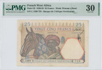 FRENCH WEST AFRICA: 25 Francs (9.3.1939) in multicolor. Young man wearing turban with horse at left center on face. S/N: "C.1399 759". WMK: Woman head...