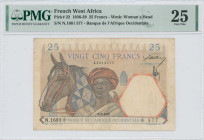 FRENCH WEST AFRICA: 25 Francs (9.3.1939) in multicolor. Young man wearing turban with horse at left center on face. S/N: "N.1681 577". WMK: Woman head...