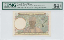 FRENCH WEST AFRICA: 5 Francs (6.5.1942) in multicolor. Man at center on face. S/N: "U.9424 849". Value in light blue. WMK: Man head. Inside holder by ...
