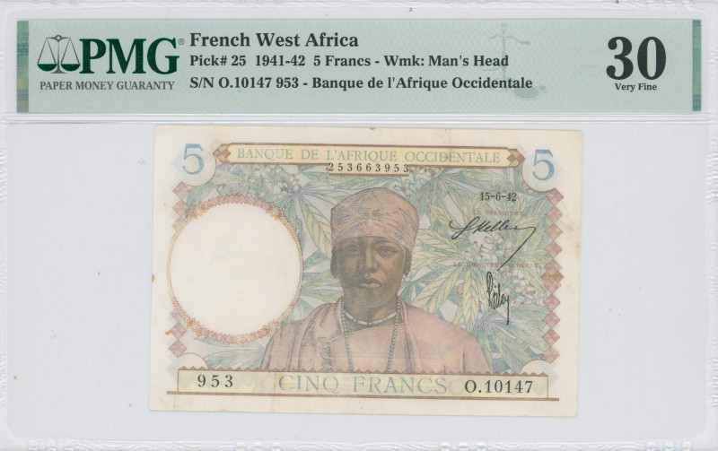 FRENCH WEST AFRICA: 5 Francs (15.6.1942) in multicolor. Man at center on face. S...