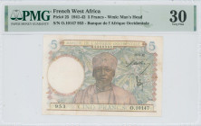 FRENCH WEST AFRICA: 5 Francs (15.6.1942) in multicolor. Man at center on face. S/N: "Z.10155 100". WMK: Man head. Inside holder by PMG "Very Fine 30 /...