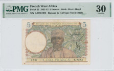 FRENCH WEST AFRICA: 5 Francs (22.4.1942) in multicolor. Man at center on face. S/N: "S.8582 090". WMK: Man head. Inside holder by PMG "Very Fine 30 / ...