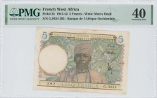 FRENCH WEST AFRICA: 5 Francs (6.5.1942) in multicolor. Man at center on face. S/N: "G.9454 392". WMK: Man head. Inside holder by PMG "Extremely Fine 4...