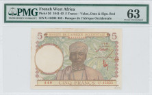 FRENCH WEST AFRICA: 5 Francs (2.3.1943) in multicolor. Man at center on face. S/N: "U.13335 440". Red Signature. Inside holder by PMG "Choice Uncircul...